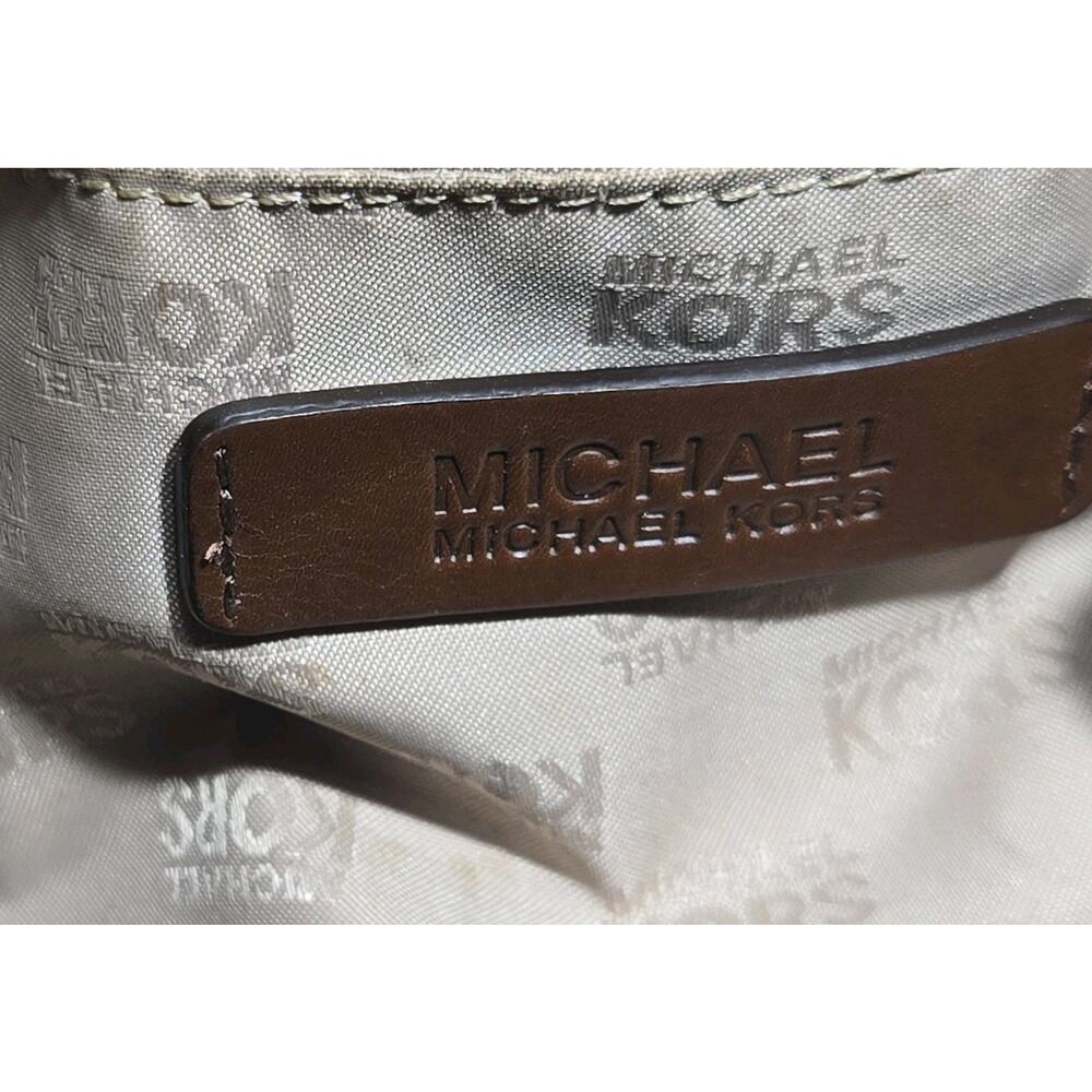 Michael Kors MK Logo Satchel Brown Monogram Bag Gold Tone Flawed/Worn Handles - Picture 10 of 15